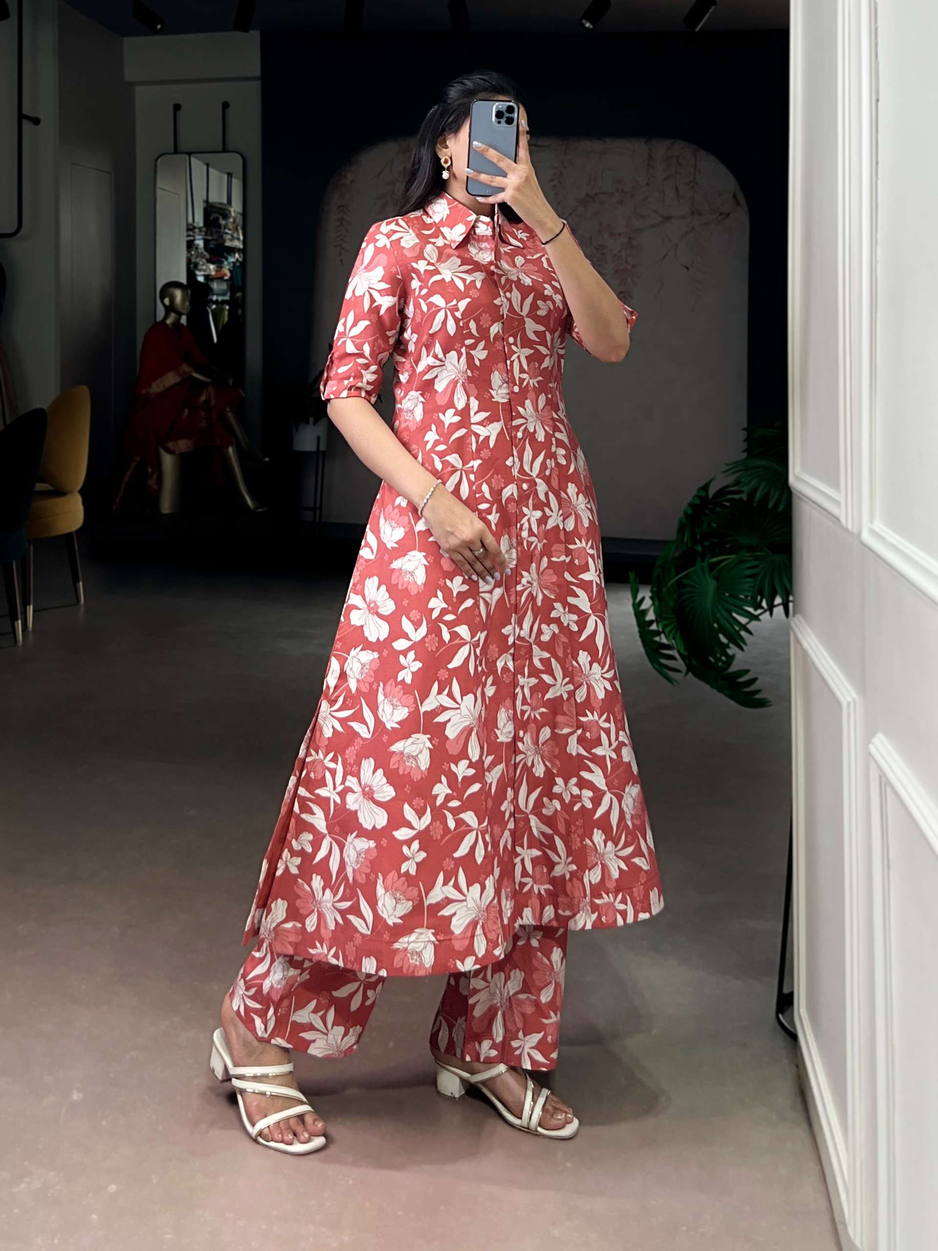  P V Chanderi fancy fabric with Floral print on kurti palazzo cord set wholesale in surat 4702